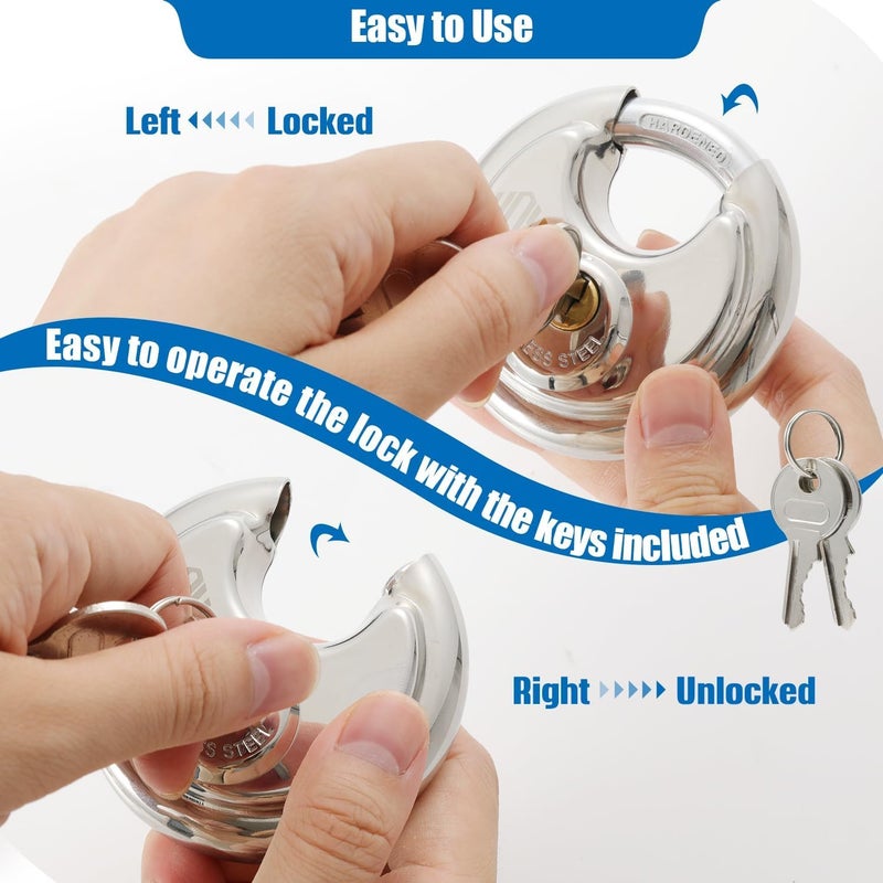HOX Keyed Disc Padlock, Stainless Steel Keyed-Alike Padlocks, 6-Pack Heavy Duty Locks, Waterproof Outdoors Lock with 3/8 Inch Shackle, 2-3/4 Inch Wide Body, for Hasp Latch, Fences, Storage Locker - Image 4